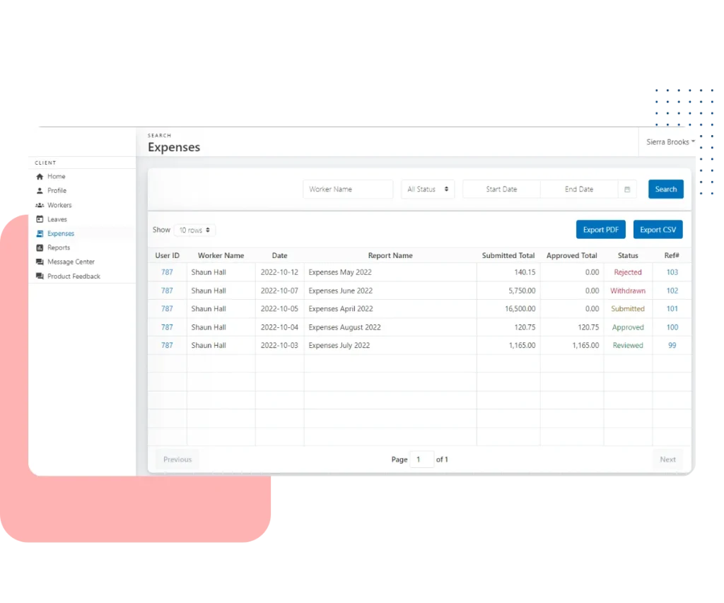 Screenshot of an application showing a table of expenses